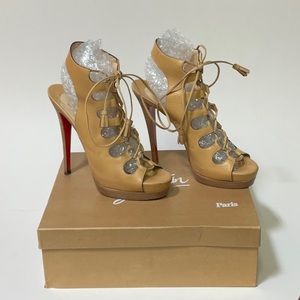 Christian Louboutin Miss Fortune 120 beige leather lace-up wooden high heels, 40